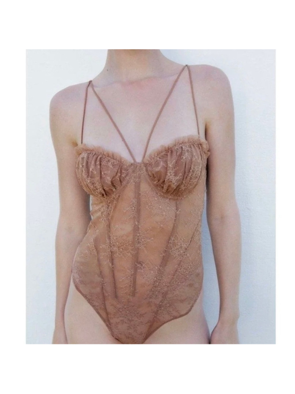 Zara Lace Bodysuit Beige Tan Festival Going Out Sheer Lingerie Frills Ruffles - Picture 1 of 8